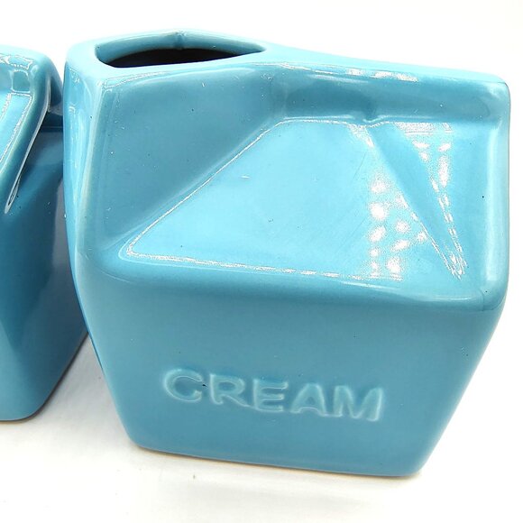 Ceramic Cream Carton Pitchers Turquoise Blue Set of 2, Modern Mid-Century Style - Picture 4 of 11